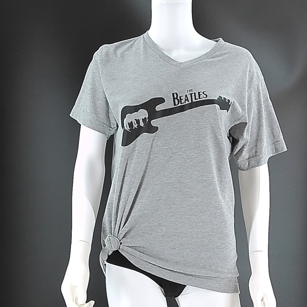 Tultex The Beatles Bass Guitar Graphic V-Neck T-Shirt Gray Mens Medium